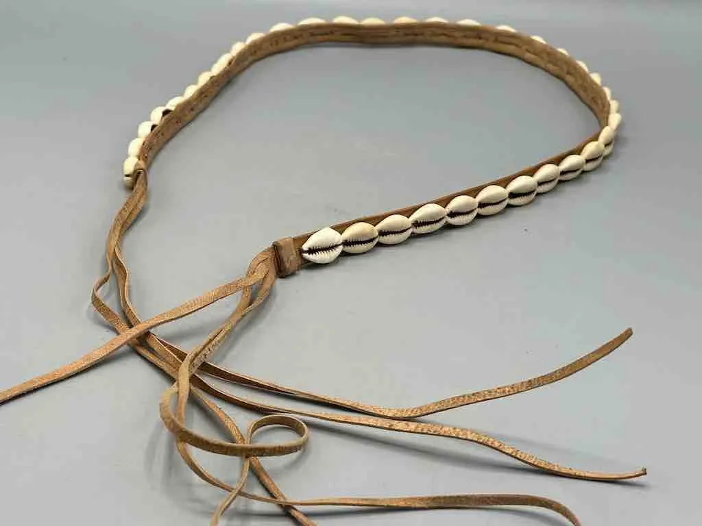 African Cultural Narrow Real Cowrie Shell-Leather Tie-Closure Finished Edges Belt - 7 colors