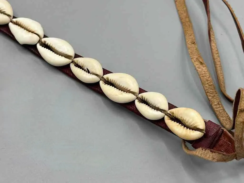 African Cultural Narrow Real Cowrie Shell-Leather Tie-Closure Finished Edges Belt - 7 colors