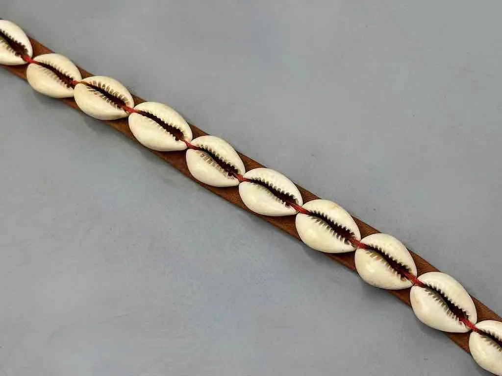 African Cultural Narrow Real Cowrie Shell-Leather Tie-Closure Finished Edges Belt - 7 colors