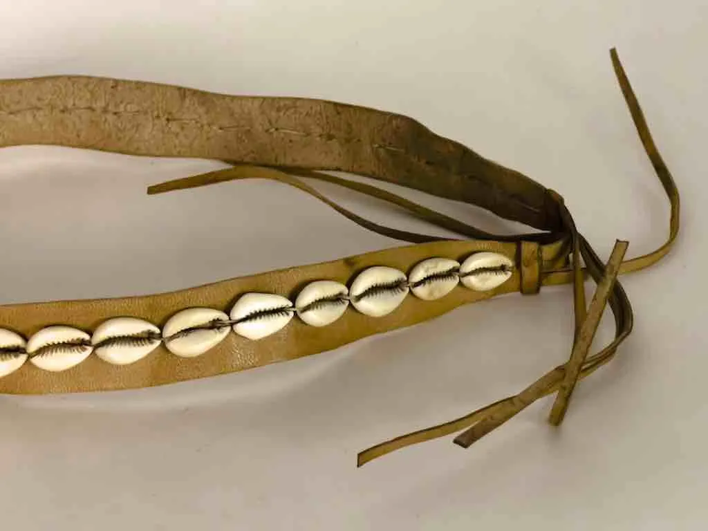 African Cultural Narrow Real Cowrie Shell-Leather Tie-Closure Unfinished Edges Belt - 4 colors