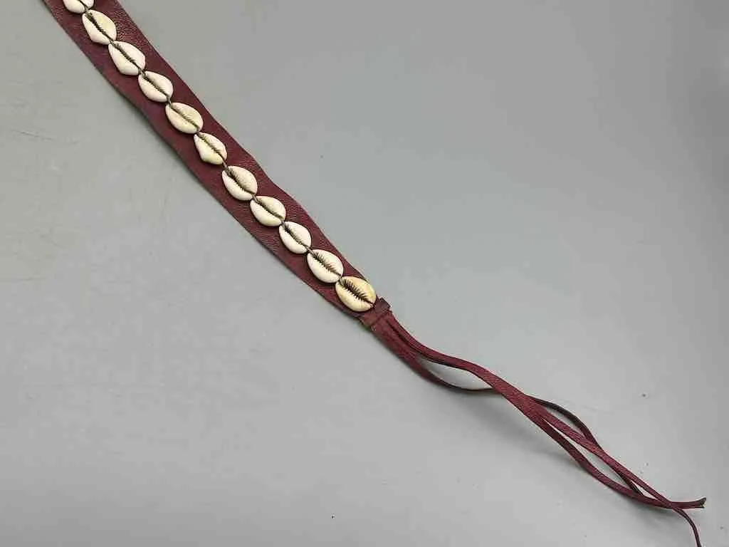 African Cultural Narrow Real Cowrie Shell-Leather Tie-Closure Unfinished Edges Belt - 4 colors