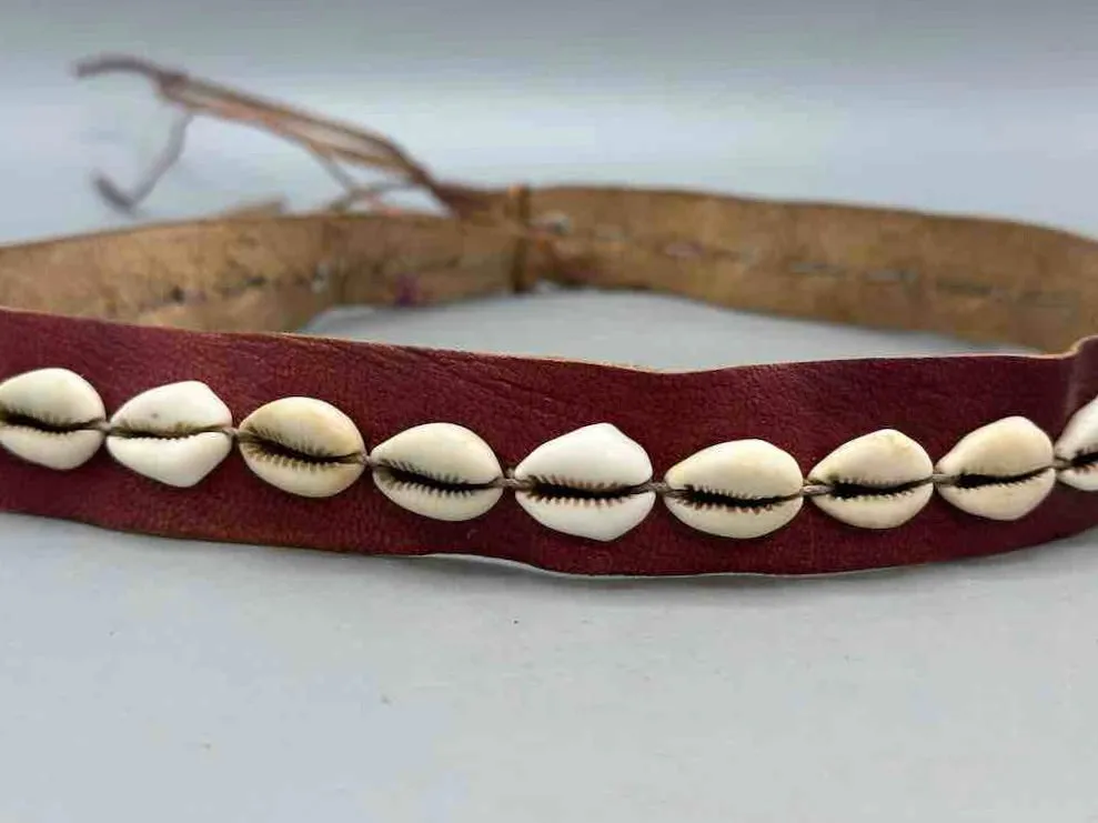 African Cultural Narrow Real Cowrie Shell-Leather Tie-Closure Unfinished Edges Belt - 4 colors