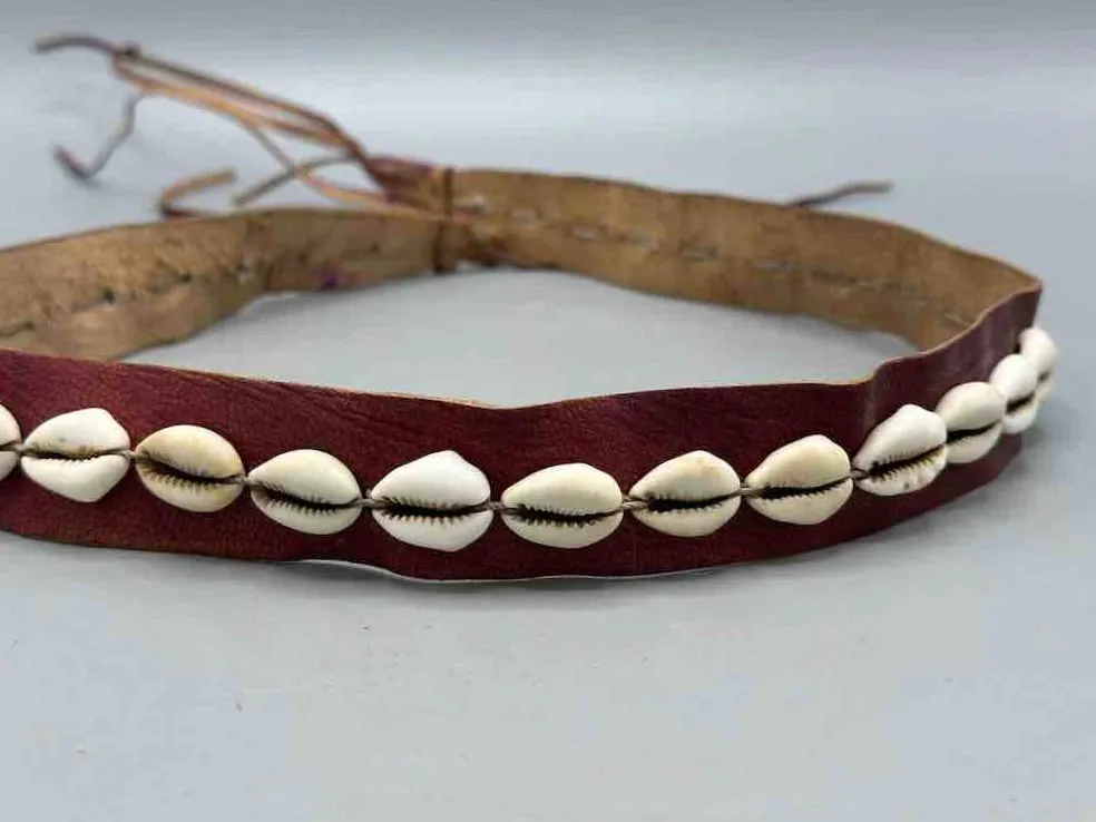 African Cultural Narrow Real Cowrie Shell-Leather Tie-Closure Unfinished Edges Belt - 4 colors
