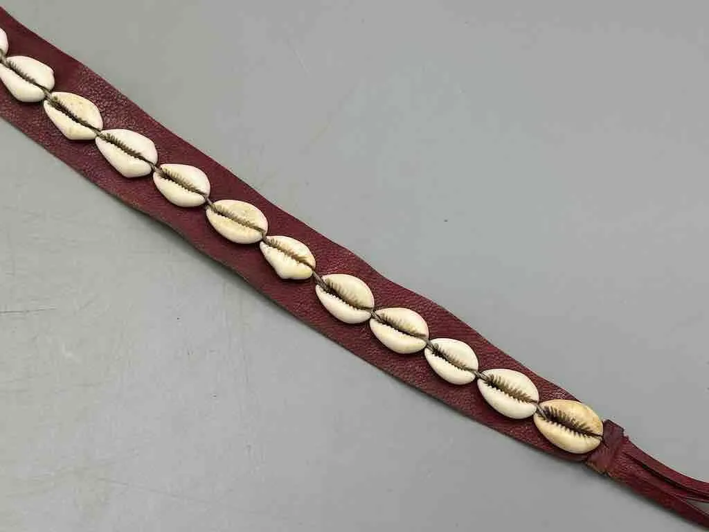 African Cultural Narrow Real Cowrie Shell-Leather Tie-Closure Unfinished Edges Belt - 4 colors