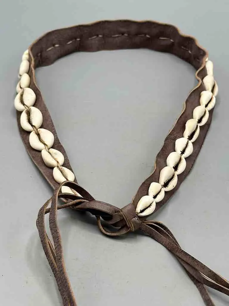 African Cultural Narrow Real Cowrie Shell-Leather Tie-Closure Unfinished Edges Belt - 4 colors