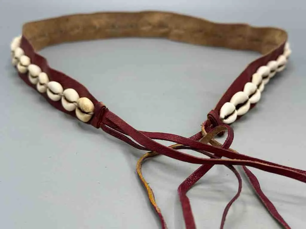 African Cultural Narrow Real Cowrie Shell-Leather Tie-Closure Unfinished Edges Belt - 4 colors