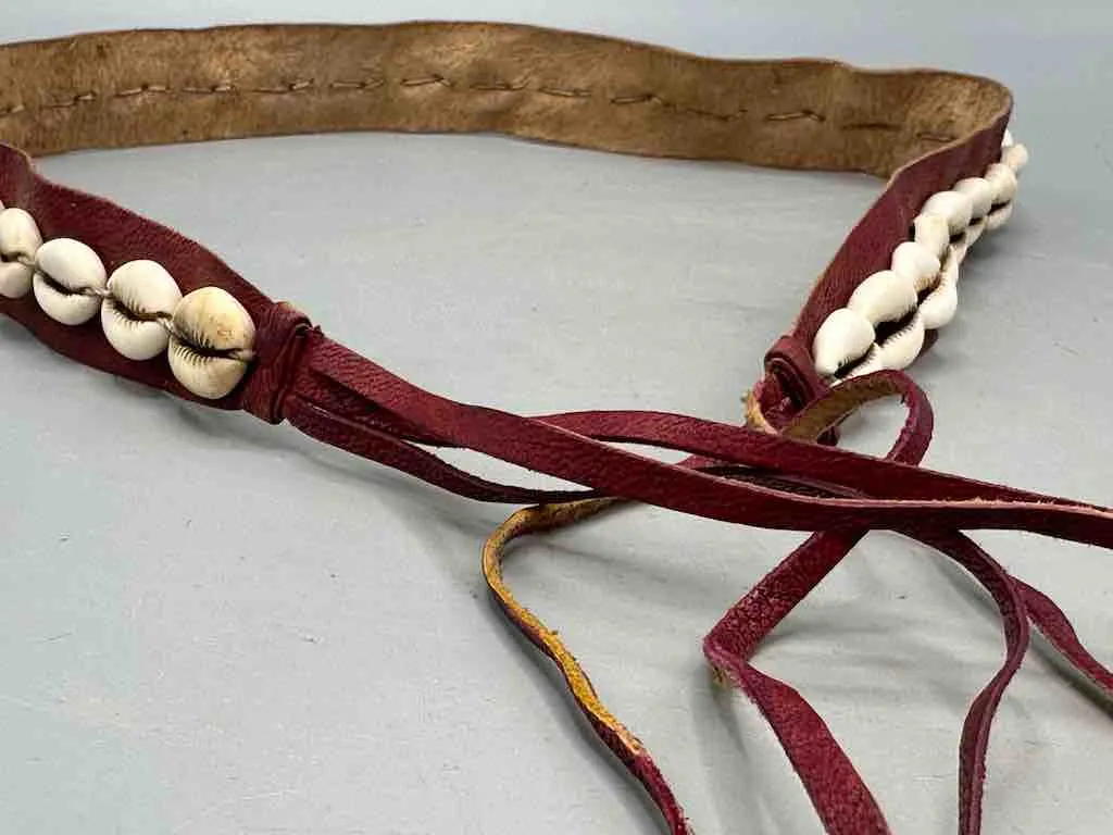 African Cultural Narrow Real Cowrie Shell-Leather Tie-Closure Unfinished Edges Belt - 4 colors
