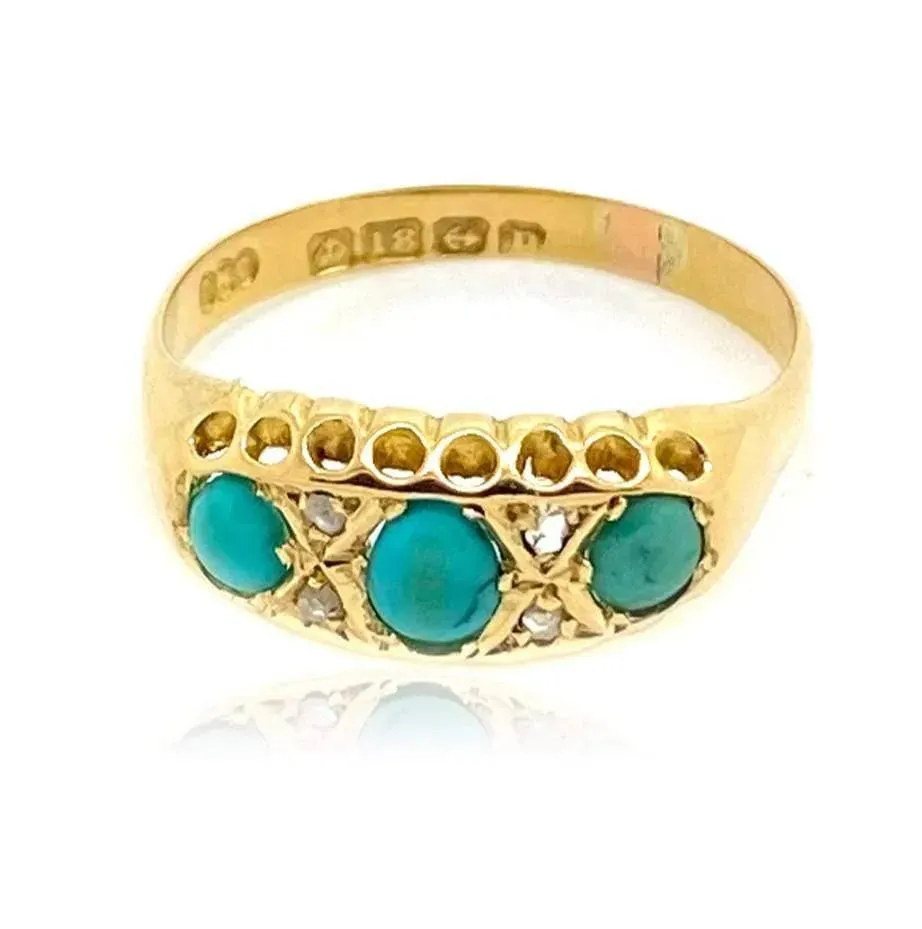 Antique 1914 Turquoise Diamond 18ct Gold Ring