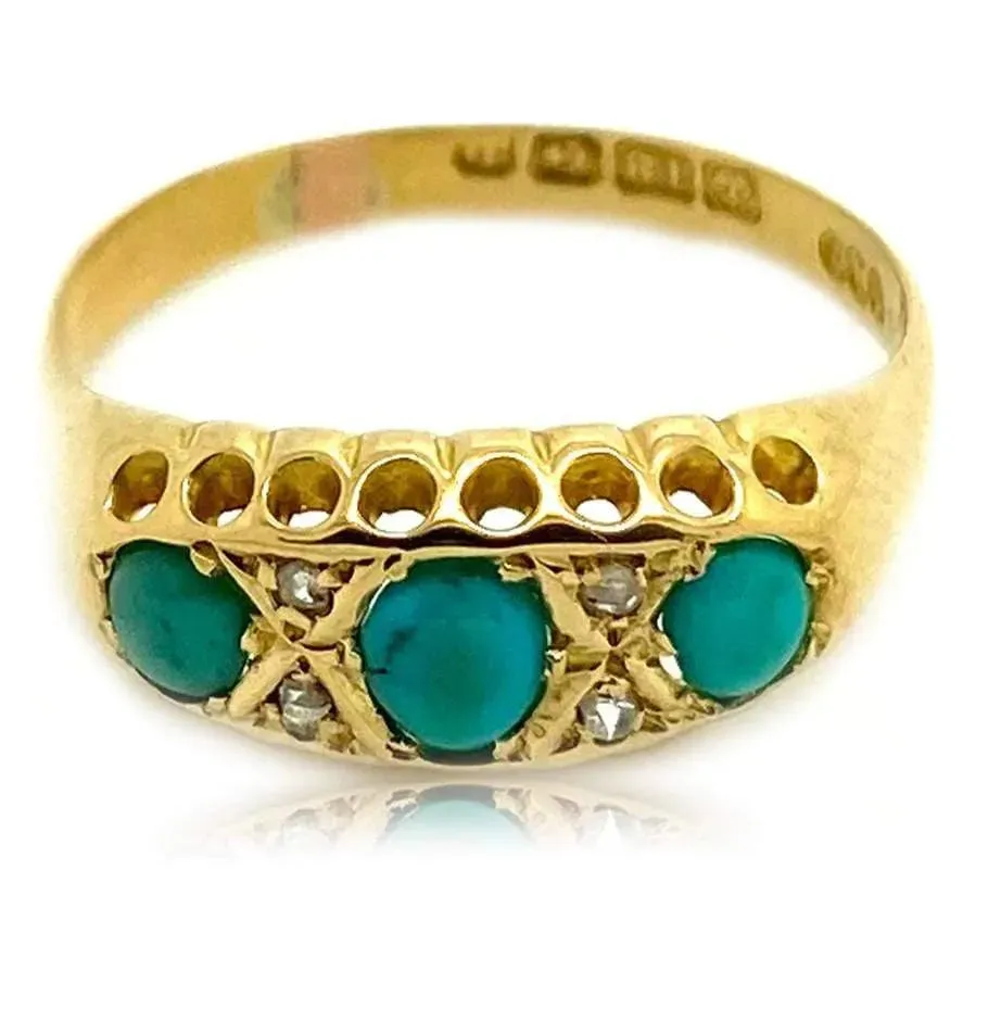 Antique 1914 Turquoise Diamond 18ct Gold Ring