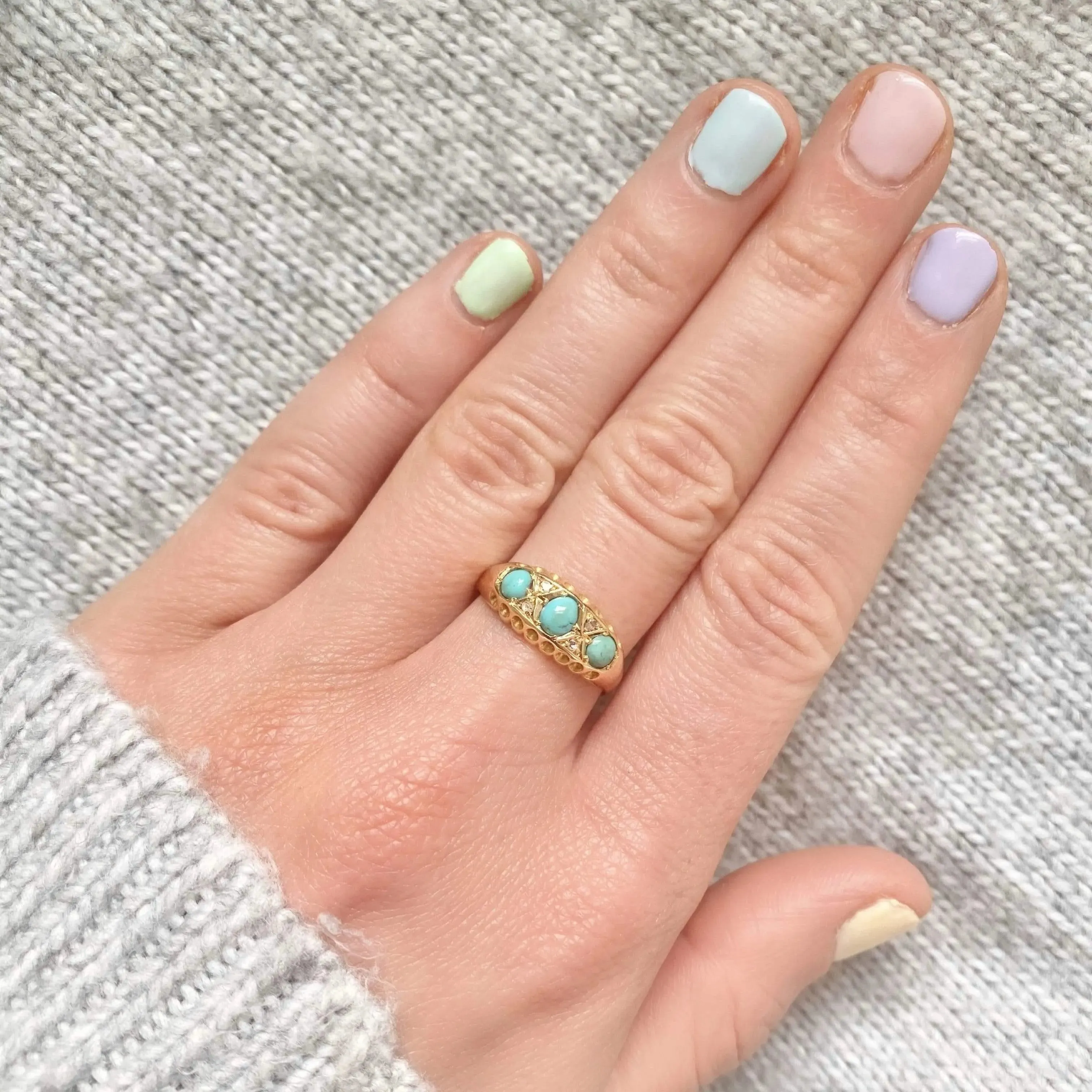 Antique 1914 Turquoise Diamond 18ct Gold Ring