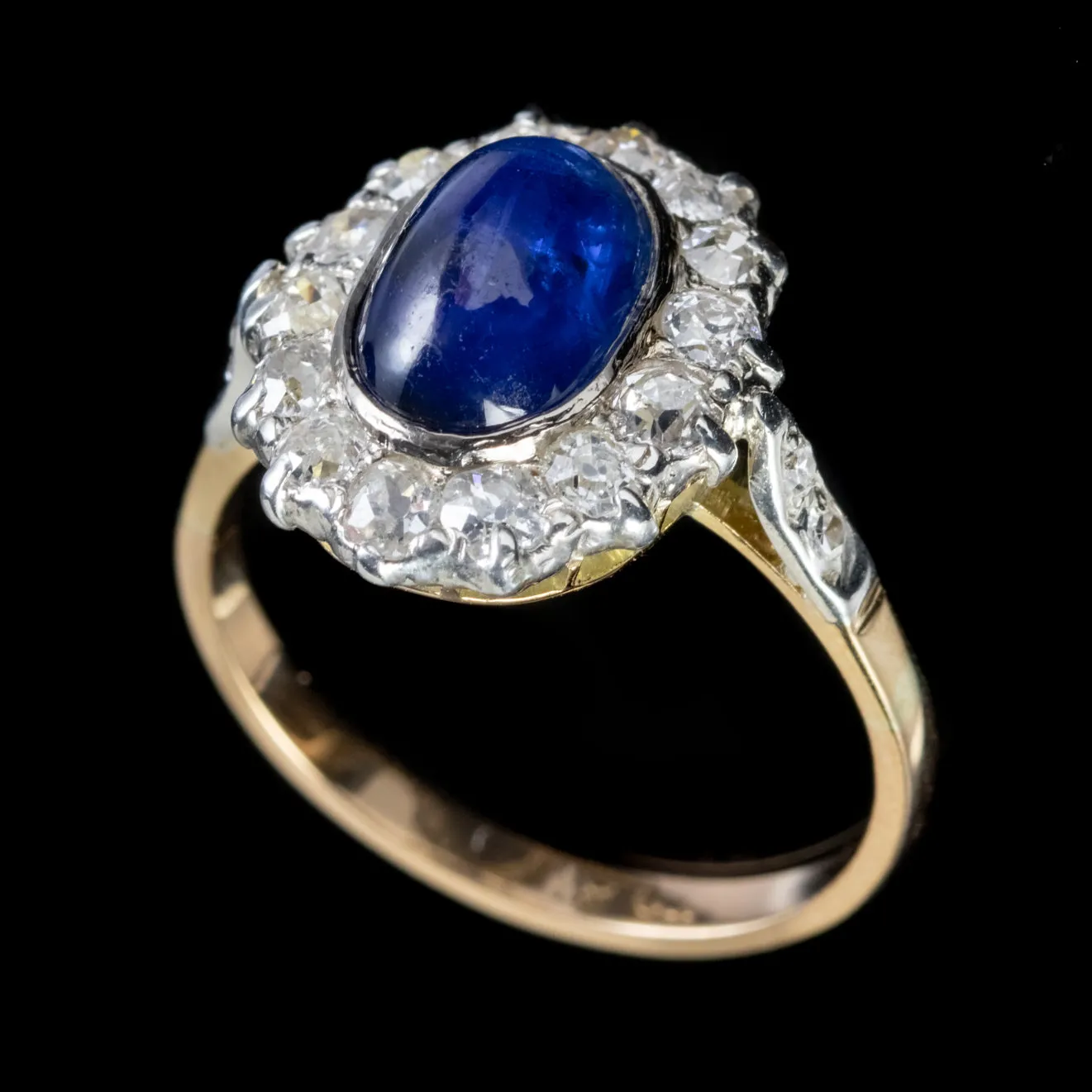 Antique Victorian Cabochon Sapphire Diamond Ring 18Ct Gold Circa 1880