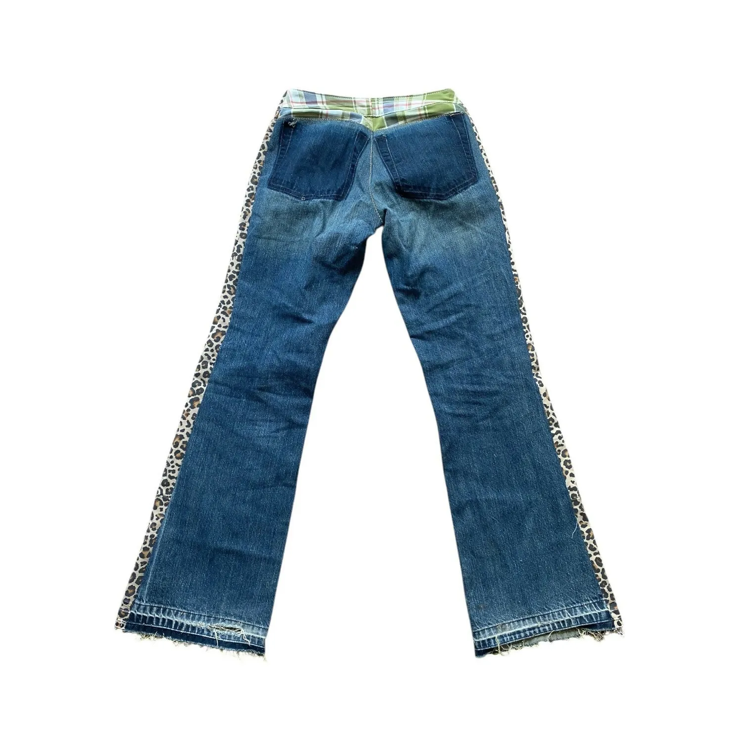 Blue Dirty Wash Plaid Leopard Hybrid Jeans (28 Waist)