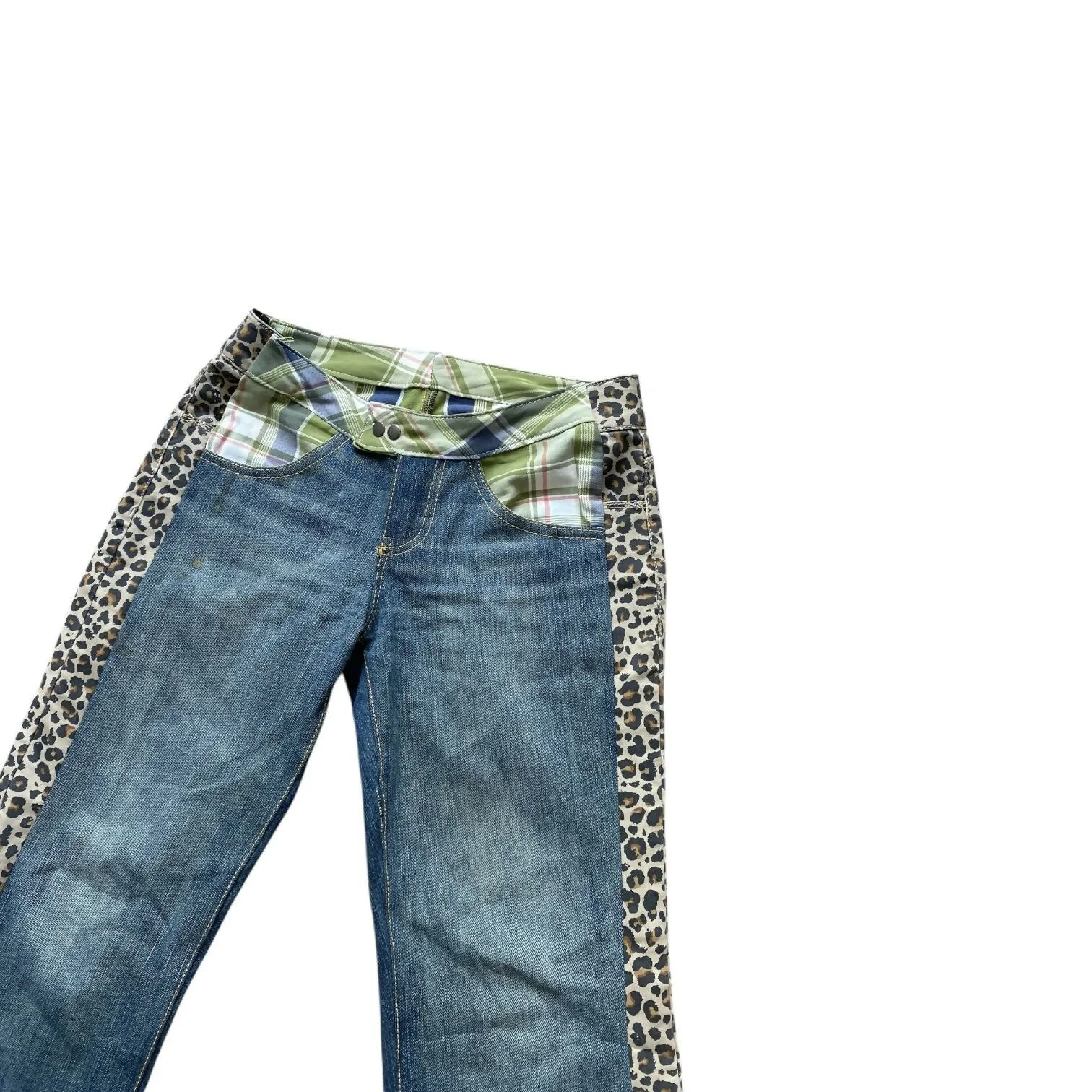 Blue Dirty Wash Plaid Leopard Hybrid Jeans (28 Waist)