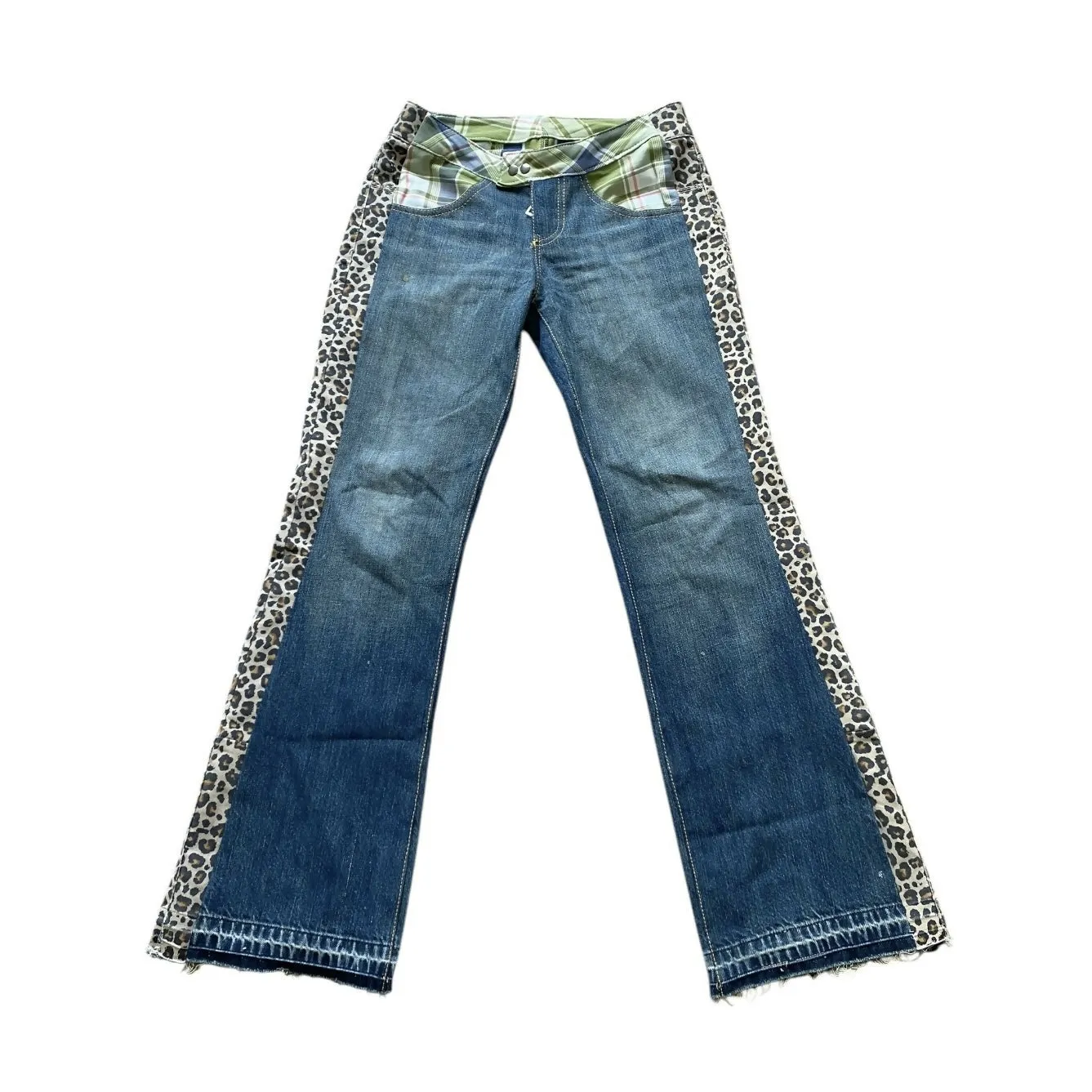Blue Dirty Wash Plaid Leopard Hybrid Jeans (28 Waist)