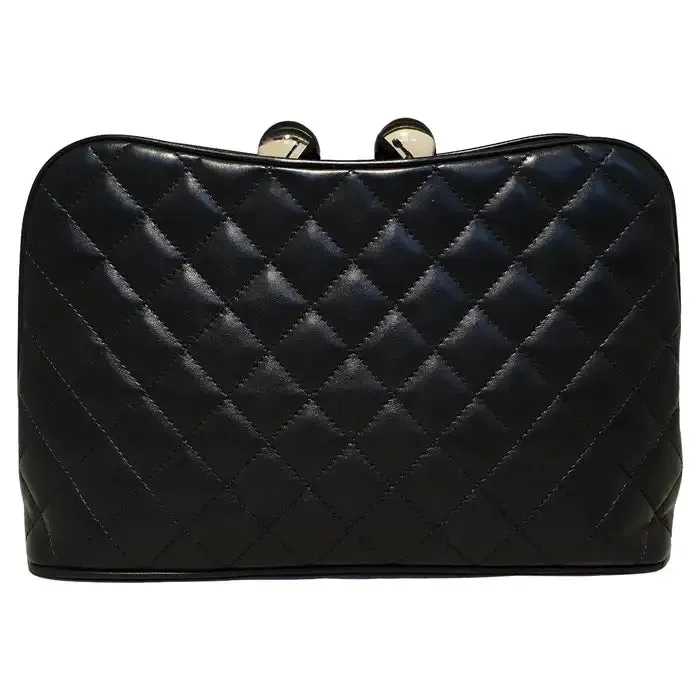 Chanel Black Leather Crystal Ball Kiss lock Clutch