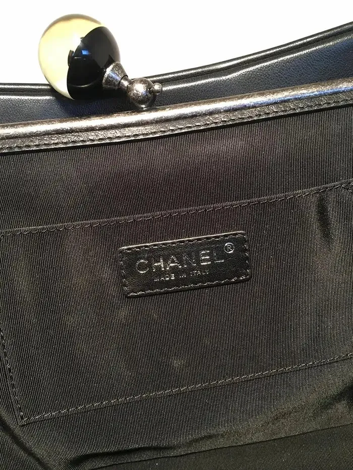 Chanel Black Leather Crystal Ball Kiss lock Clutch