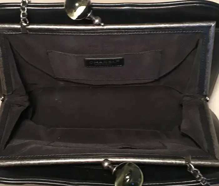 Chanel Black Leather Crystal Ball Kiss lock Clutch