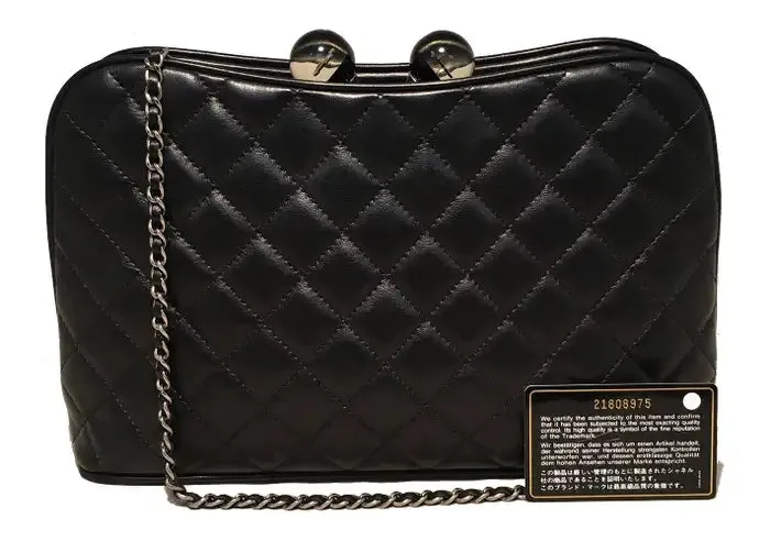 Chanel Black Leather Crystal Ball Kiss lock Clutch