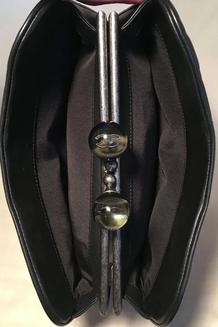 Chanel Black Leather Crystal Ball Kiss lock Clutch