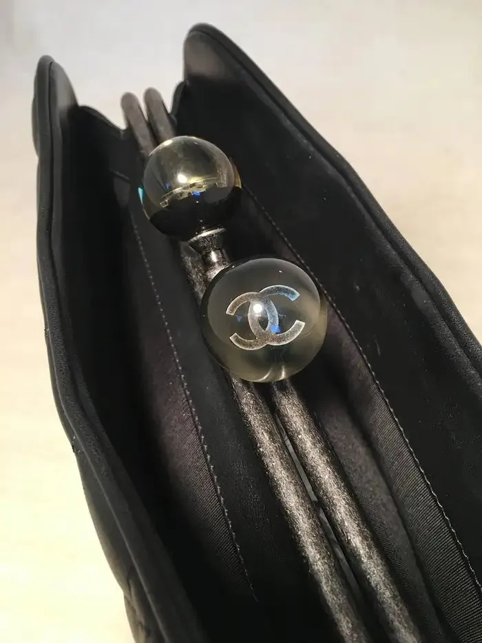 Chanel Black Leather Crystal Ball Kiss lock Clutch