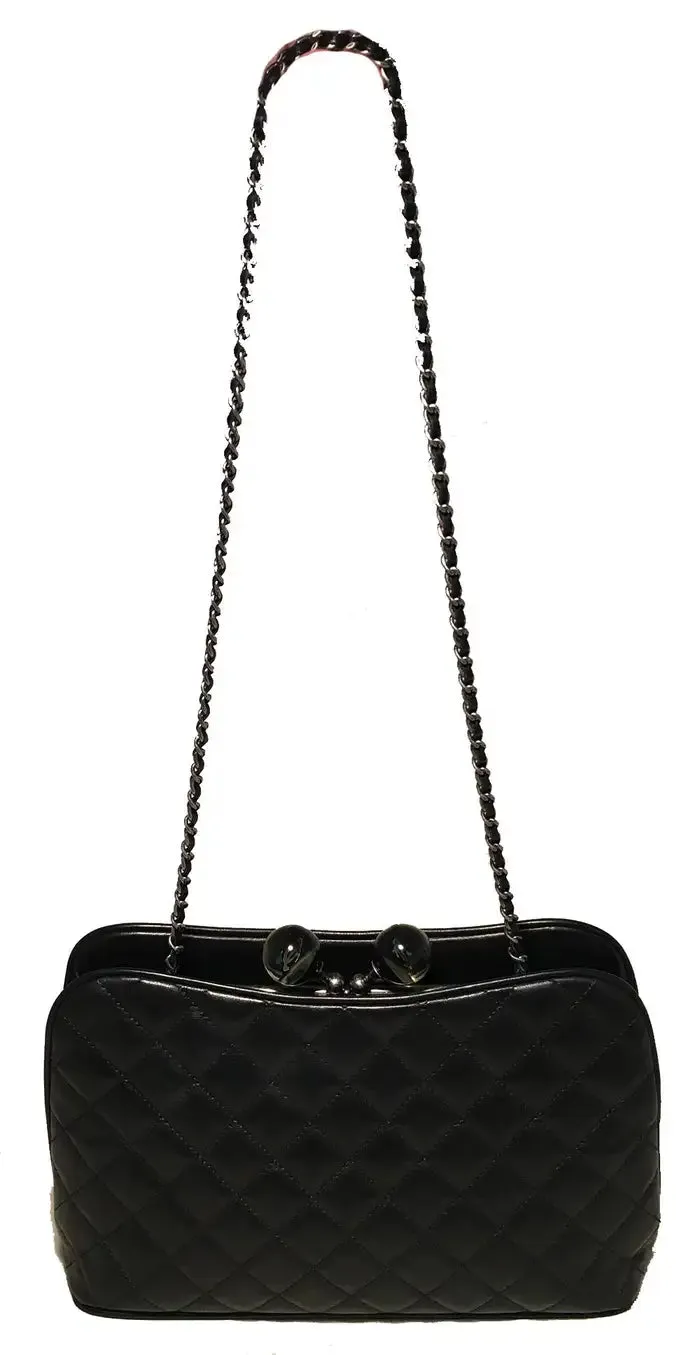 Chanel Black Leather Crystal Ball Kiss lock Clutch