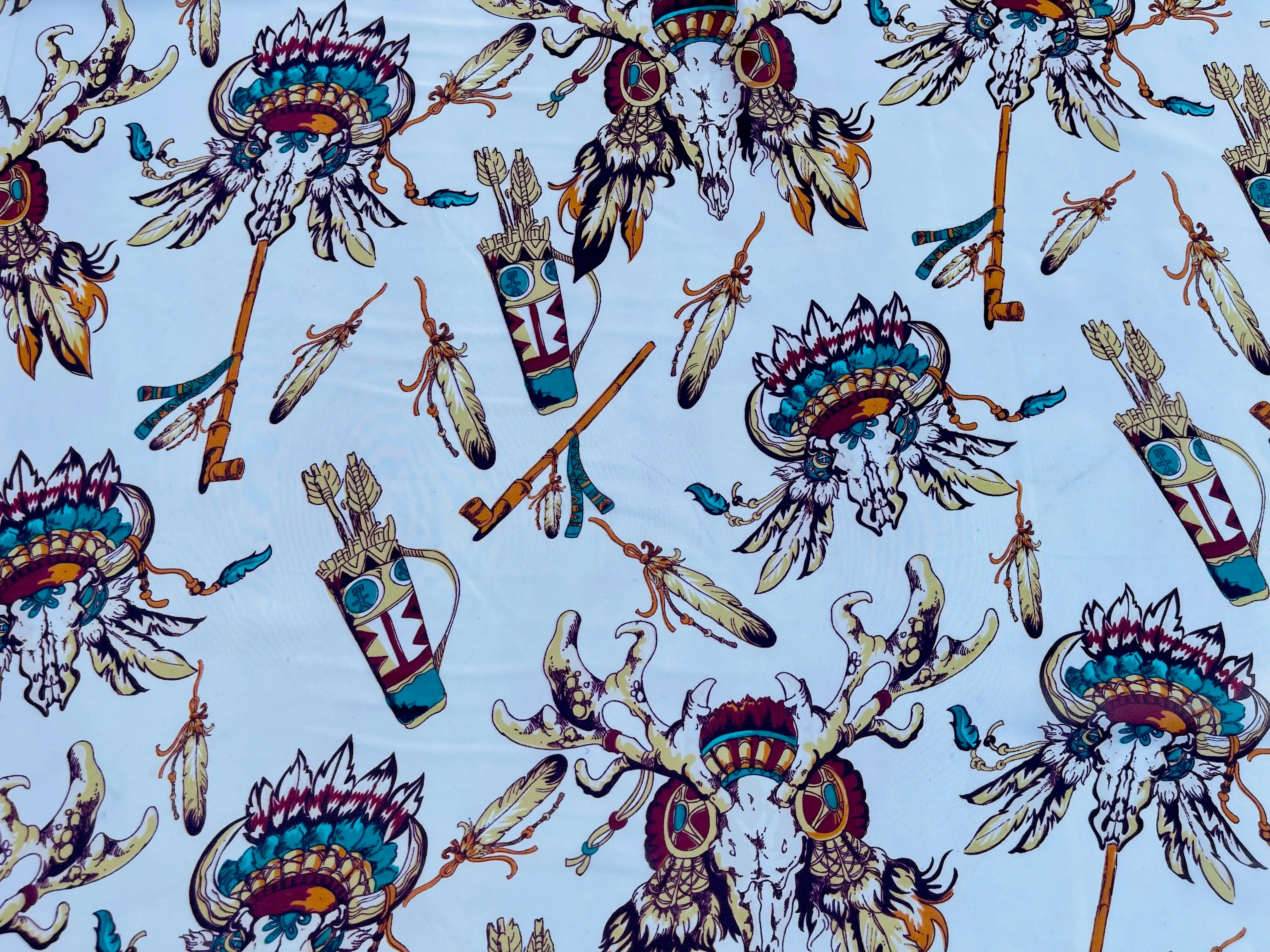 Chiffon fabric by the yard - Feathers cow skull tribal aztec western  print