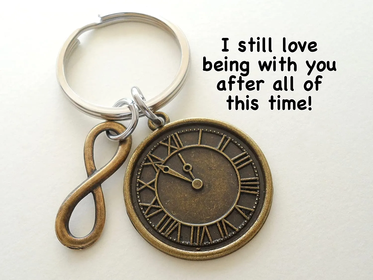 Custom Bronze Clock Keychain with Infinity Charm & Option to Add Engraving on Back for Couples or Best Friends, Anniversary Gift Keychain