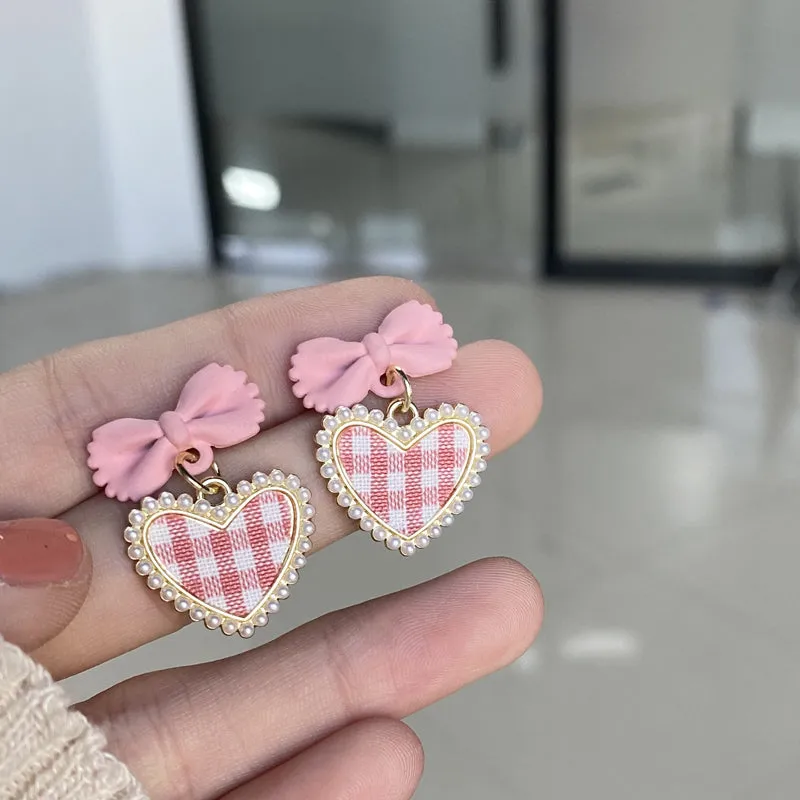 Cute Plaid Heart Drop Earrings
