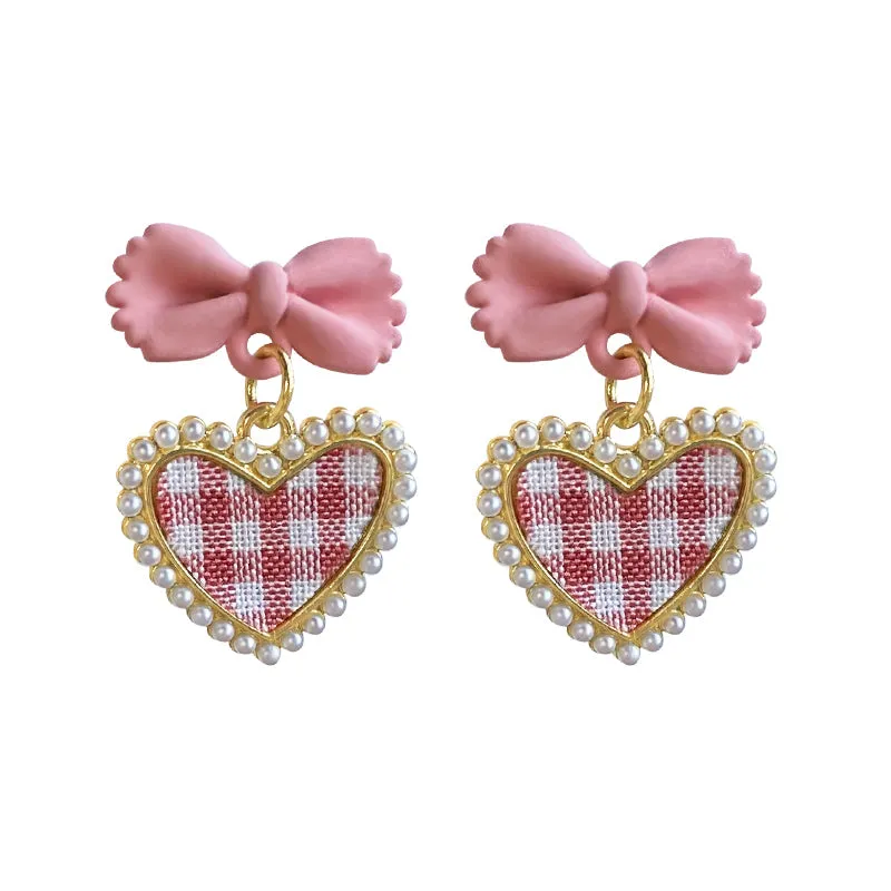 Cute Plaid Heart Drop Earrings