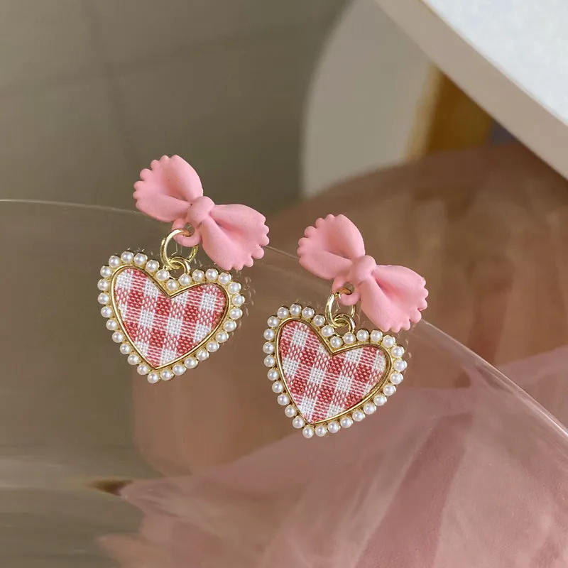 Cute Plaid Heart Drop Earrings