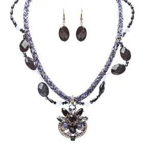 Statement Yarn Braided Crystal Rhinestone Stone Necklace Set Antique Gold Black
