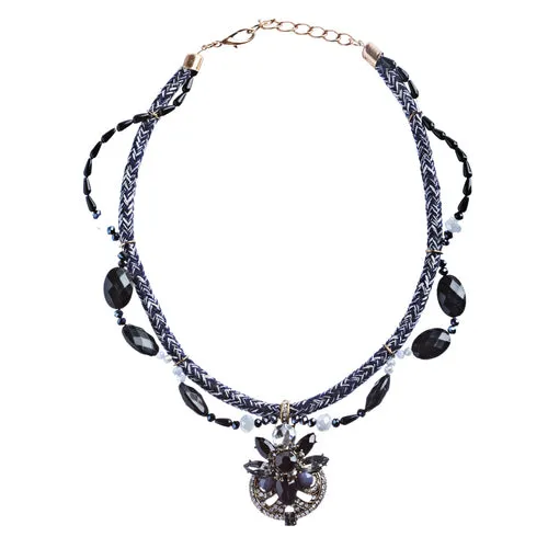 Statement Yarn Braided Crystal Rhinestone Stone Necklace Set Antique Gold Black