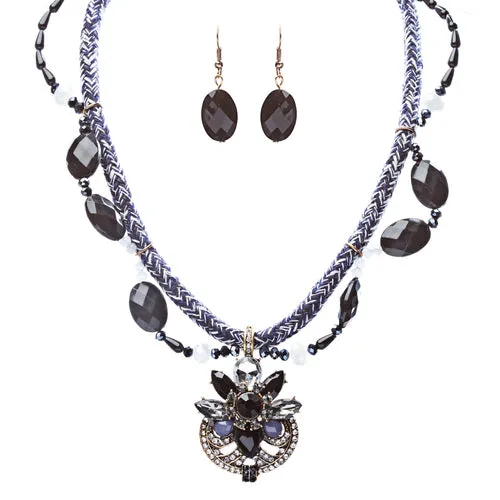 Statement Yarn Braided Crystal Rhinestone Stone Necklace Set Antique Gold Black
