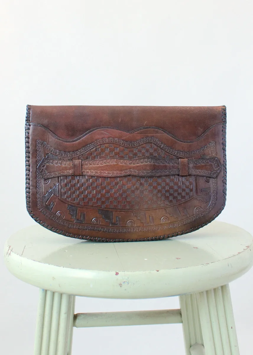 Vintage 1930s Mexican Two Toned Tooled Leather Clutch Purse