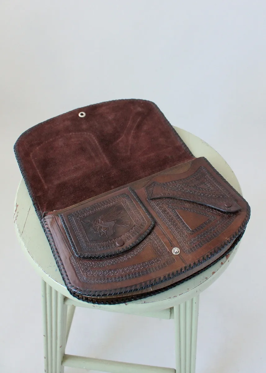 Vintage 1930s Mexican Two Toned Tooled Leather Clutch Purse