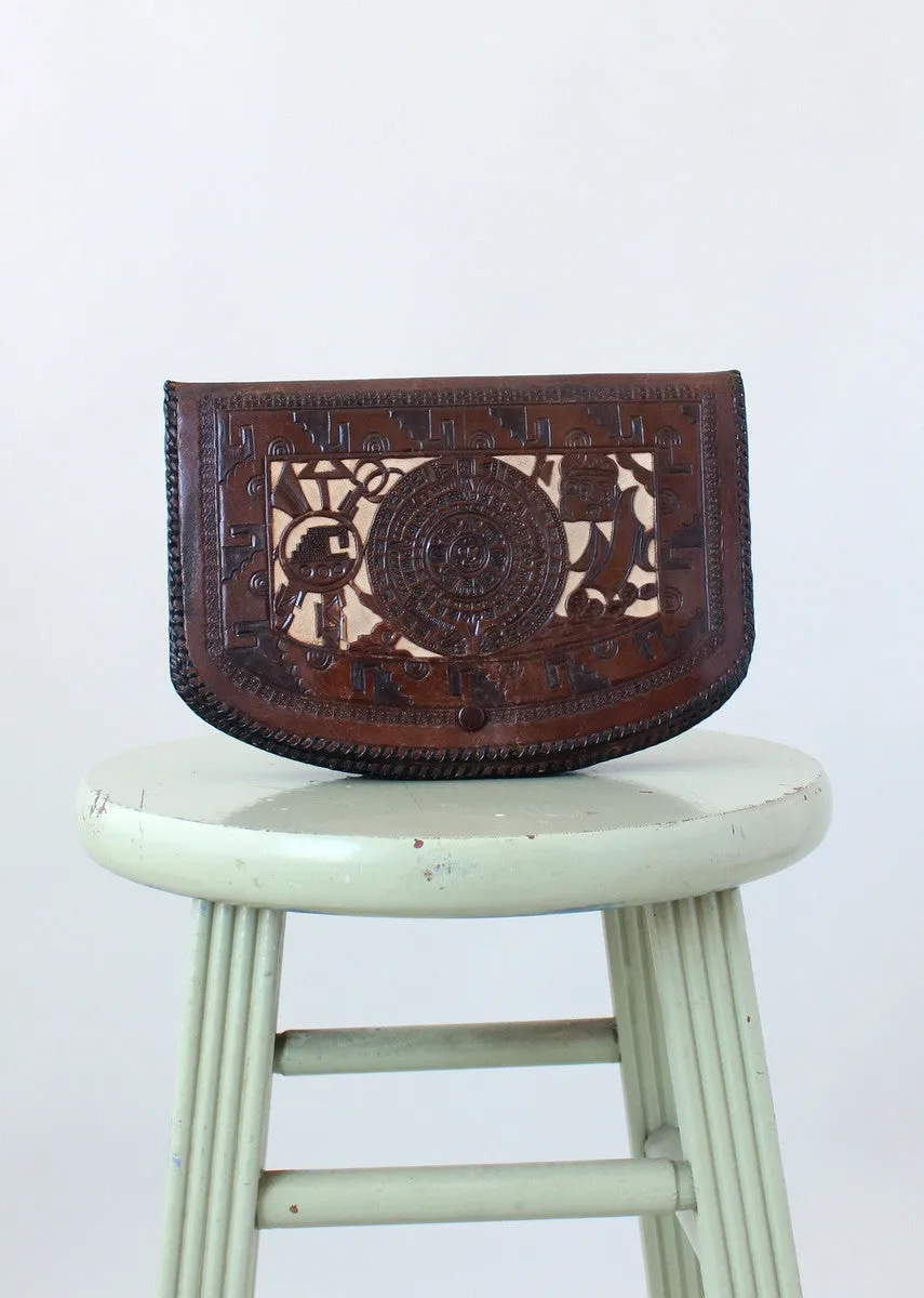 Vintage 1930s Mexican Two Toned Tooled Leather Clutch Purse