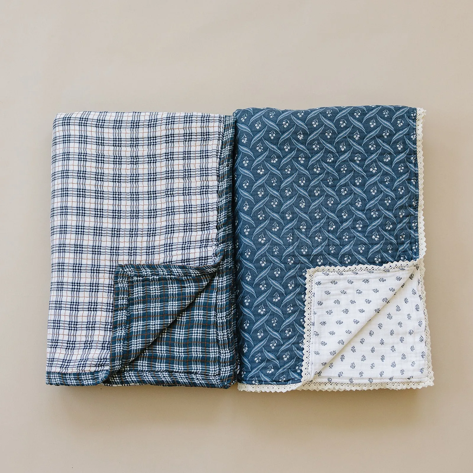 Vintage Plaid   Navy Plaid Twin Muslin Quilt